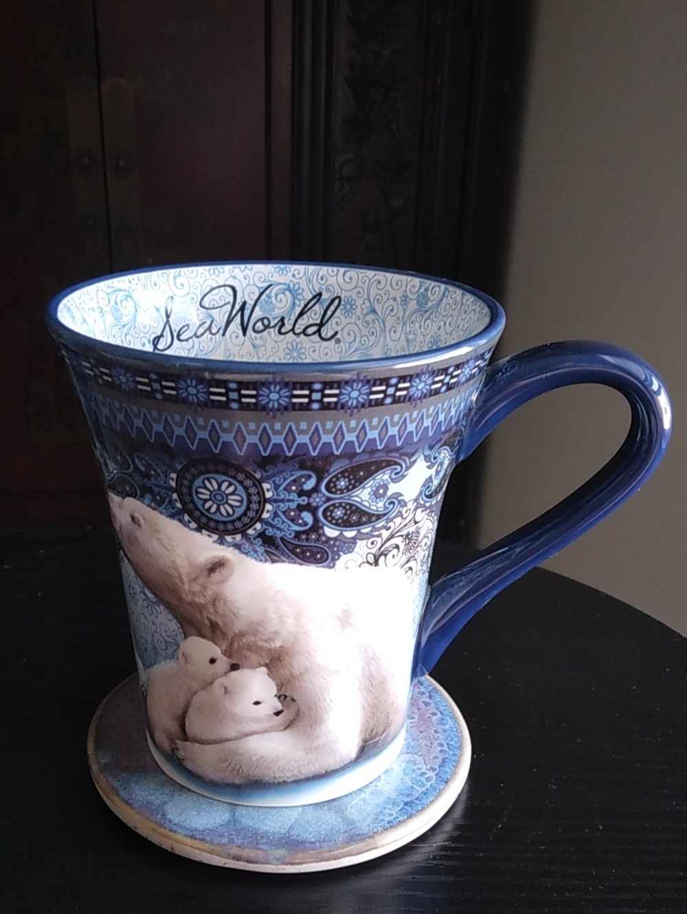 Vintage 90s Sea World Polar Bear Ceramic Mug - Deep Blue And White
